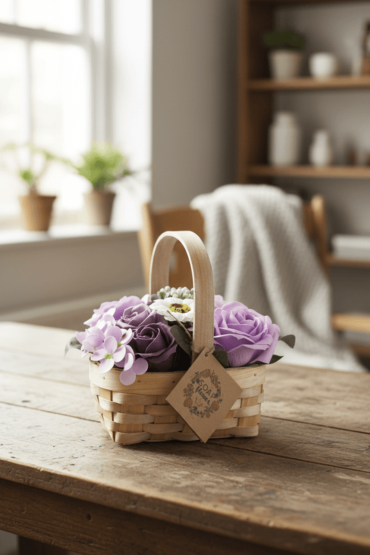 Lila zeepbloemenboeket in decoratieve rieten mand