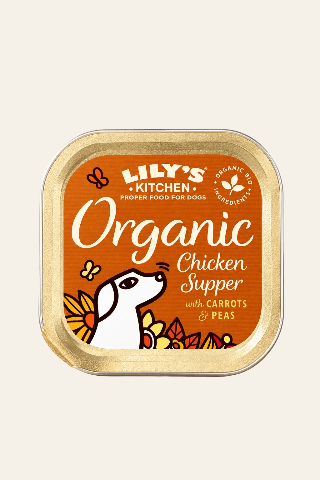 Lily's Kitchen Organic Chicken Supper biologische hondenvoeding in goudkleurig bakje met kip, wortelen en erwten, 150 gram.