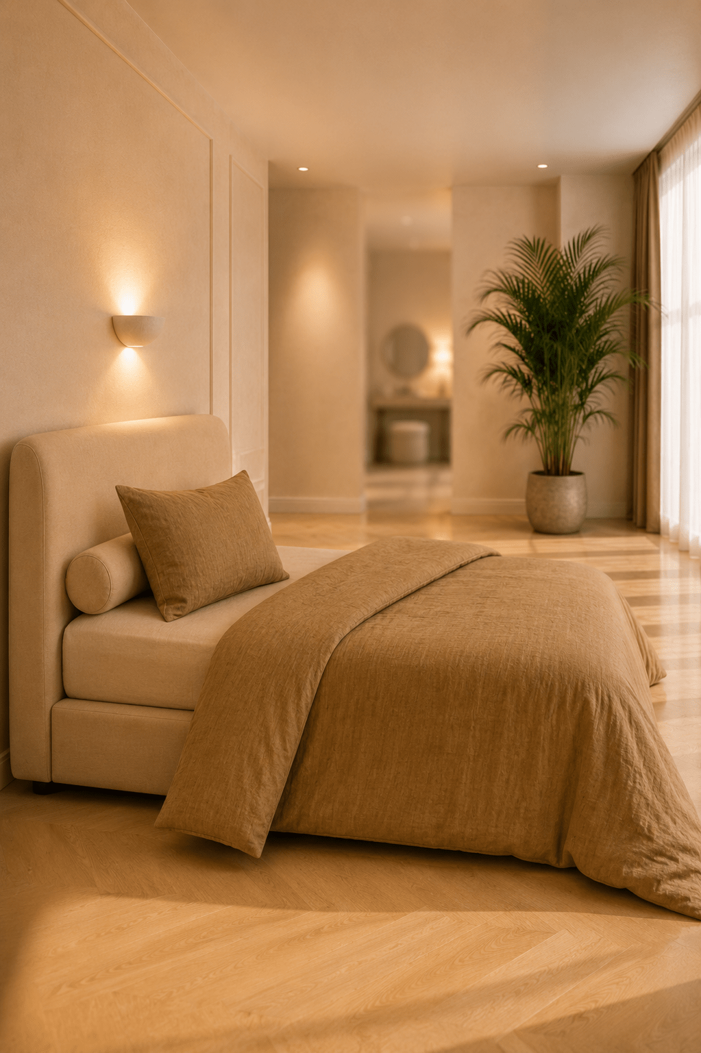 Camelbruin gewassen linnen beddengoed in een serene Japandi slaapkamer met warme neutrale tinten