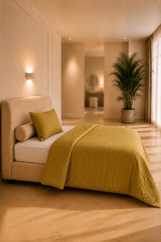 Mosterdgeel gewassen linnen beddengoed op een bed in een warme, minimalistische slaapkamer in Japanse stijl