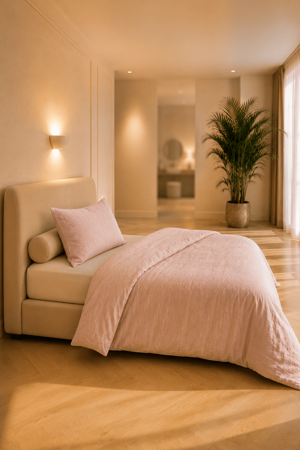 Poederroze gewassen linnen beddengoed op een minimalistisch opgemaakt bed met een zachte boutique-uitstraling