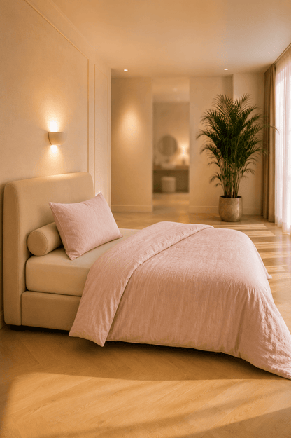 Poederroze gewassen linnen beddengoed op een minimalistisch opgemaakt bed met een zachte boutique-uitstraling