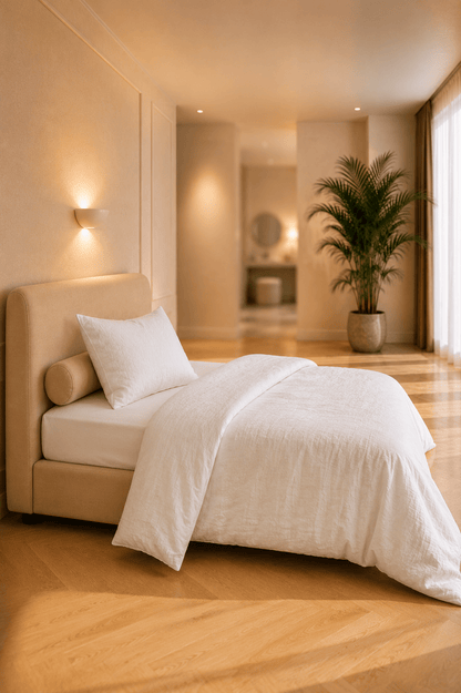 Camelbruin gewassen linnen beddengoed in een serene Japandi slaapkamer met witte neutrale tinten