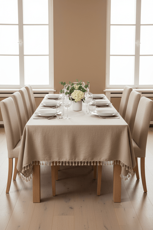 Linnen beige tafelkleed in gedekte tafel in de woonkamer 150 x 250 cm