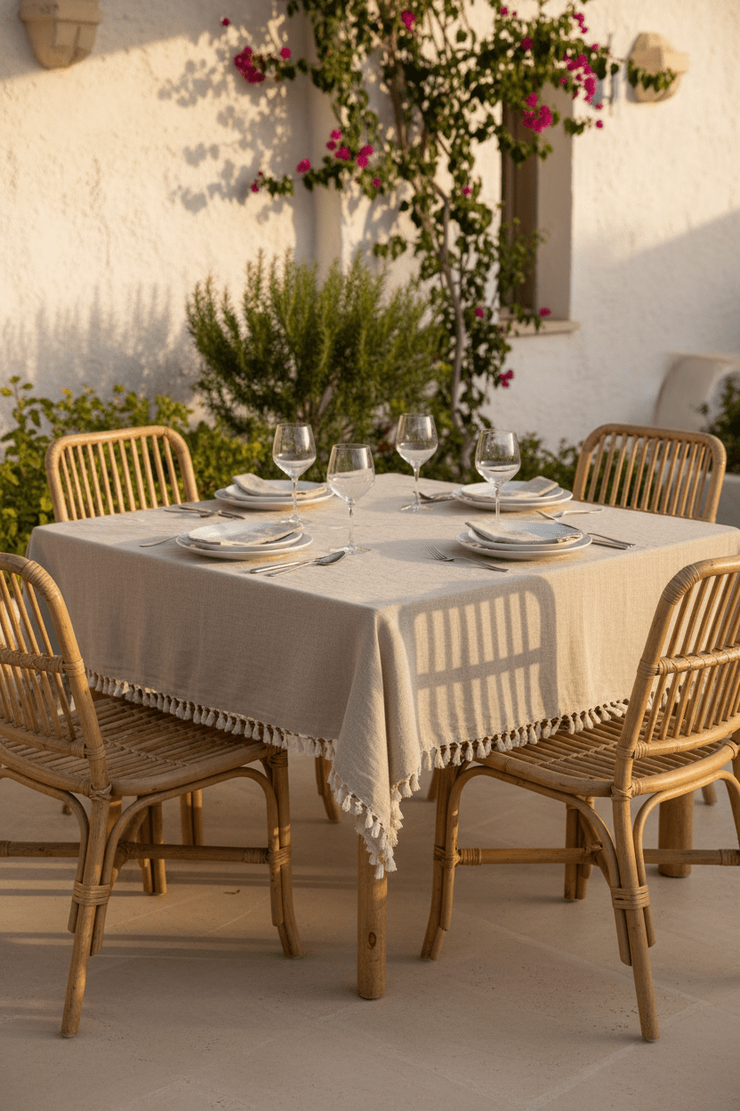 Linnen beige tafelkleed op een gedekte tuintafel op het terras 180 x 300 cm