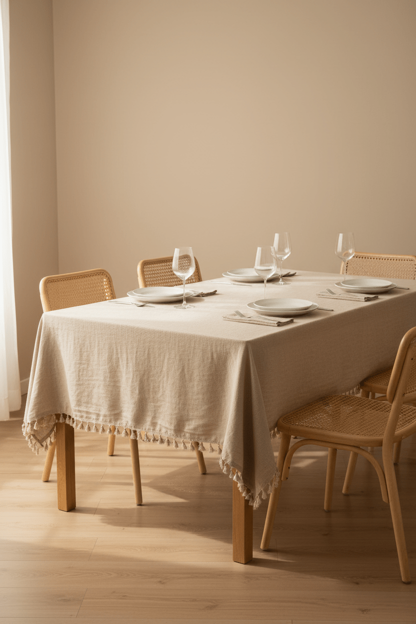 Linnen beige tafelkleed op een gedekte tafel in de woonkamer 180 x 300 cm