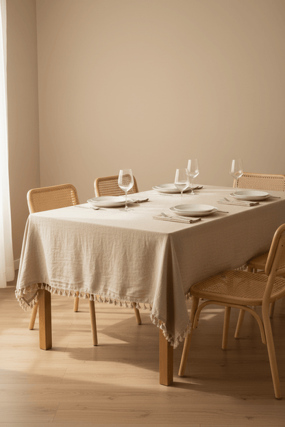 Linnen beige tafelkleed op een gedekte tafel in de woonkamer 180 x 300 cm