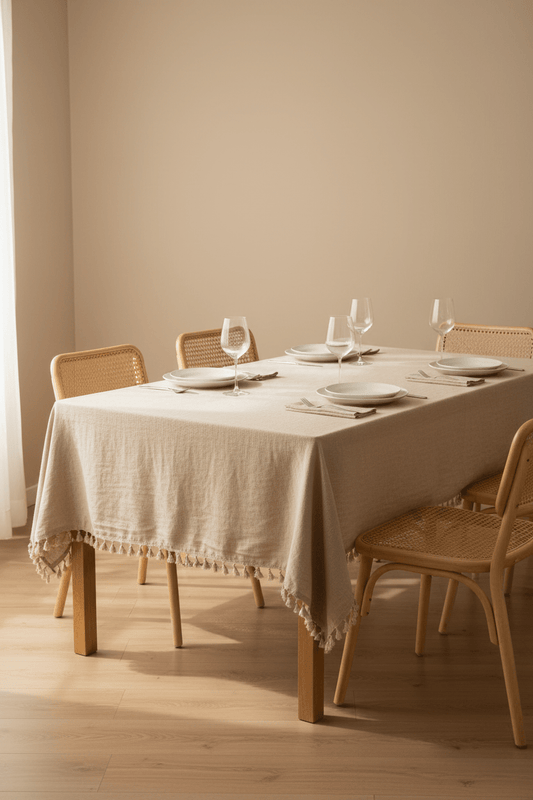 Linnen beige tafelkleed op een gedekte tafel in de woonkamer 180 x 300 cm