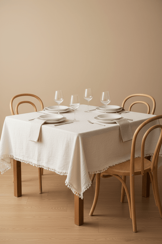Gedekte vierkant grenen tafel met  wit tafelkleed 150x150 cm