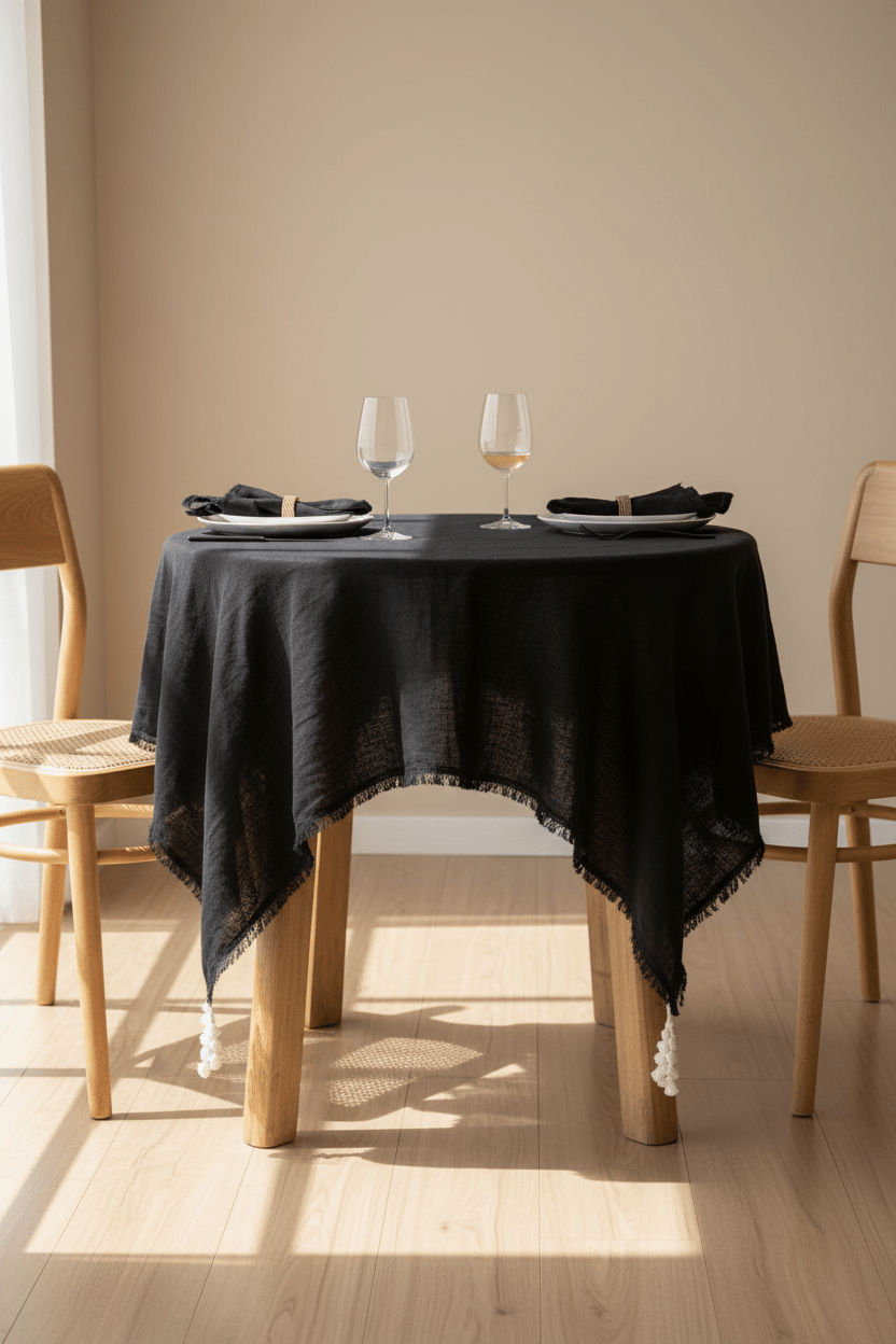 Linnen zwart tafelkleed op gedekte tafel in de huiskamer 150 x 150 cm 