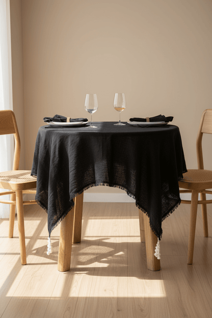 Linnen zwart tafelkleed op gedekte tafel in de huiskamer 150 x 150 cm 