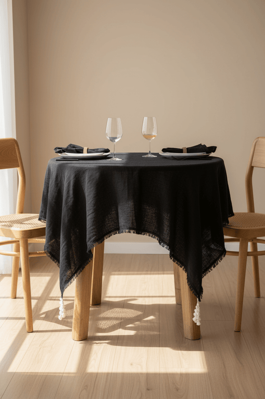 Linnen zwart tafelkleed op gedekte tafel in de huiskamer 150 x 150 cm 