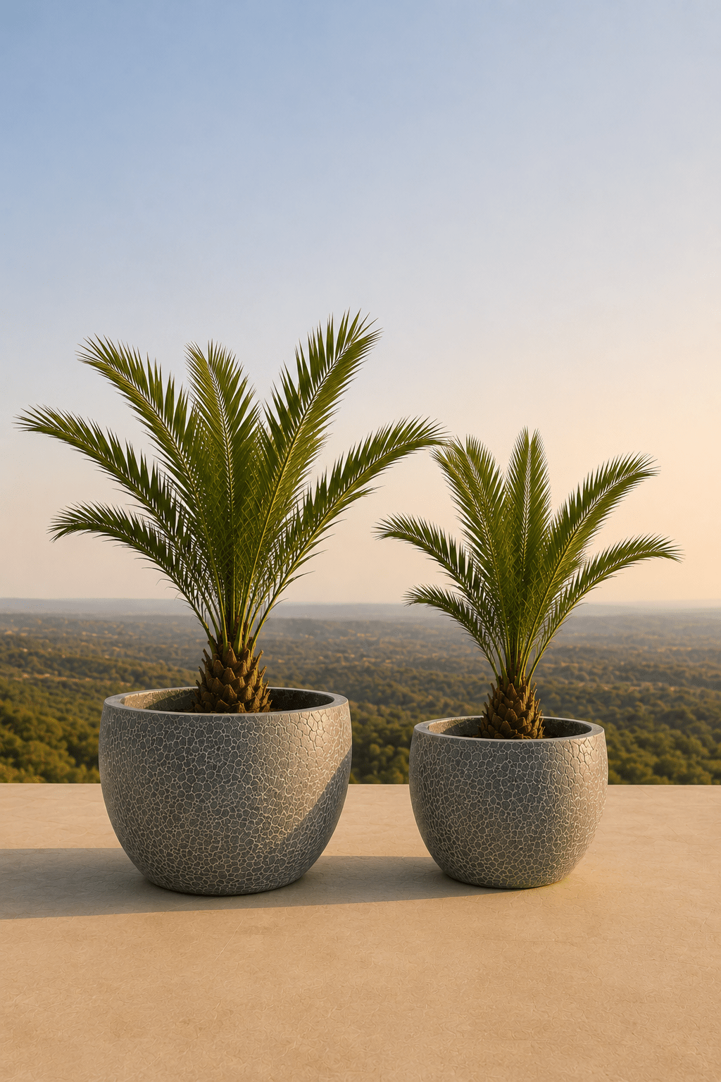 Twee handgemaakte keramische Lipari plantenpotten in Relic Jade met palmvarens op een terras en dieptezicht op een veld
