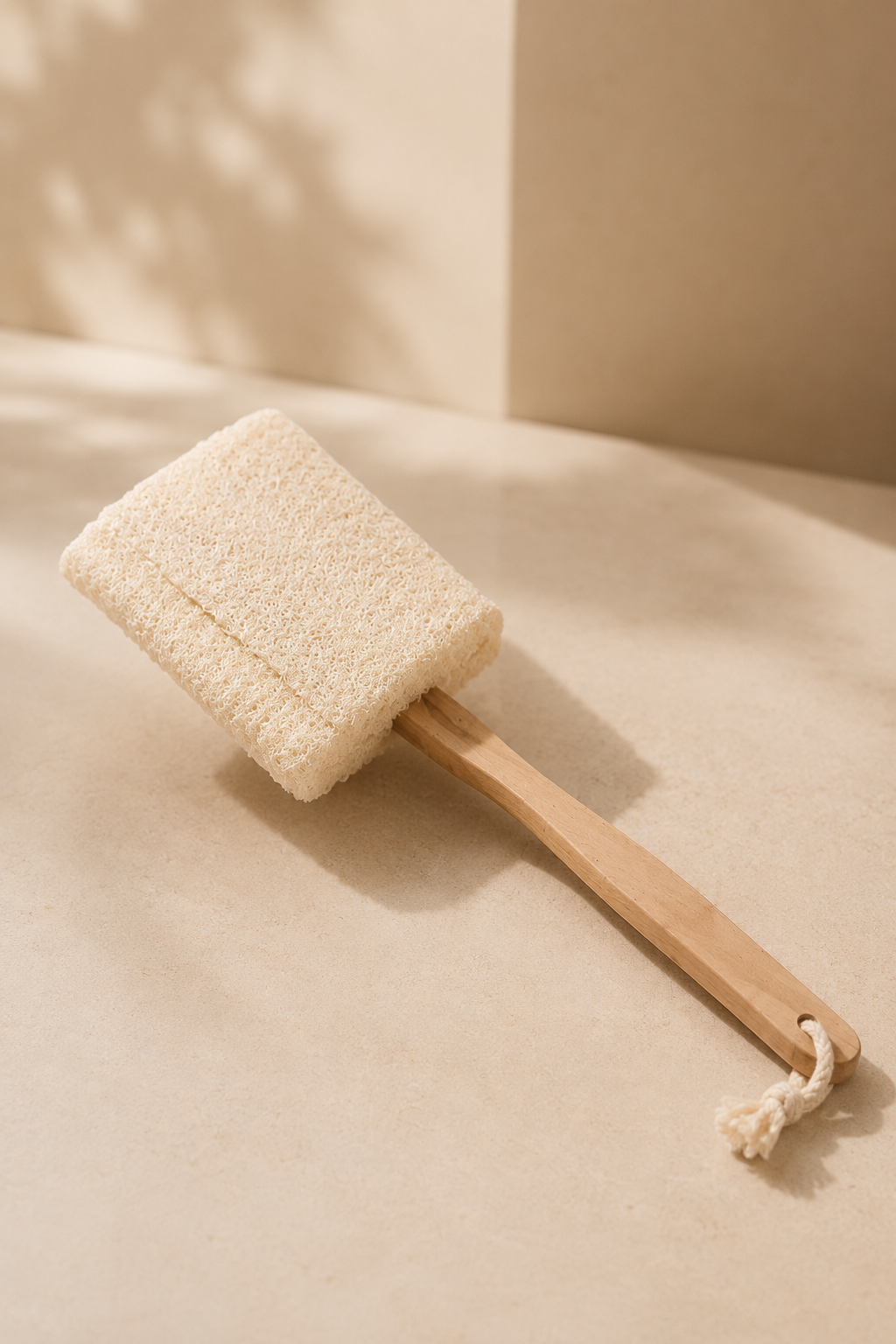 Loofah borstel met een lang houten handvat op een beige ondergrond