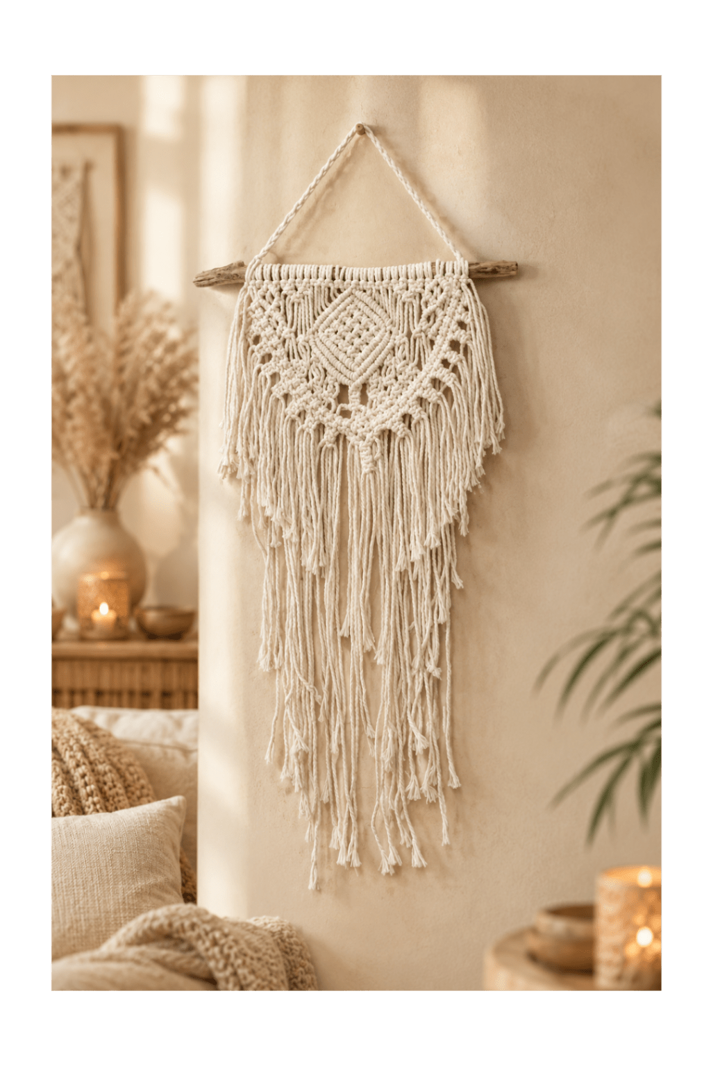 Macramé wanddecoratie Home & Heart aan een beige muur in een sfeervolle bohemian woonkamer met warme natuurlijke tinten.
