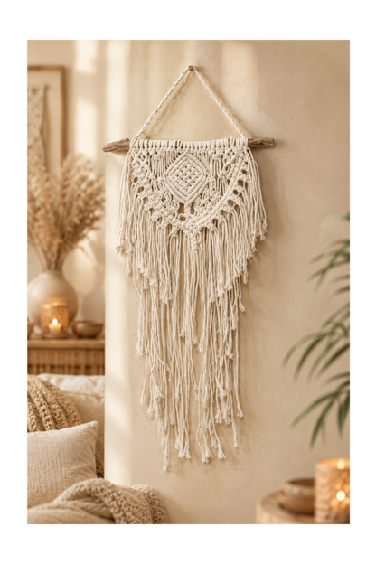 Macramé wanddecoratie Home & Heart aan een beige muur in een sfeervolle bohemian woonkamer met warme natuurlijke tinten.
