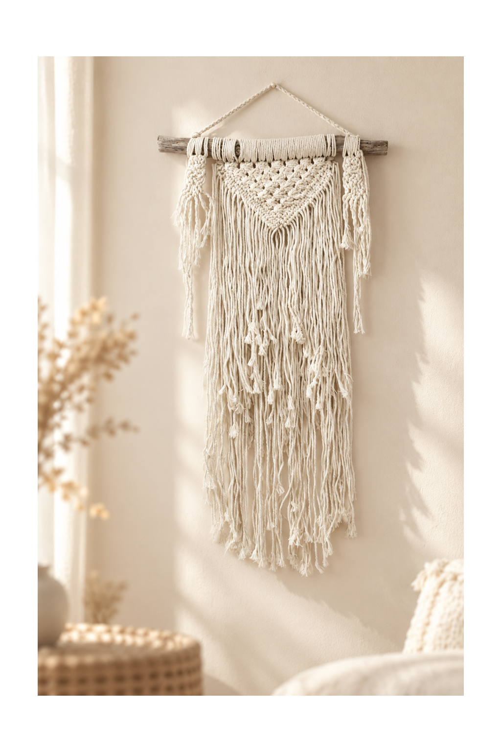 Macramé wanddecoratie Natuurlijke overvloed aan een lichtbeige muur in een rustgevende bohemian woonkamer met warme lichtinval en een geblurde achtergrond.
