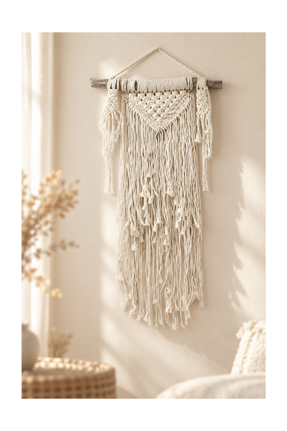 Macramé wanddecoratie Natuurlijke overvloed aan een lichtbeige muur in een rustgevende bohemian woonkamer met warme lichtinval en een geblurde achtergrond.