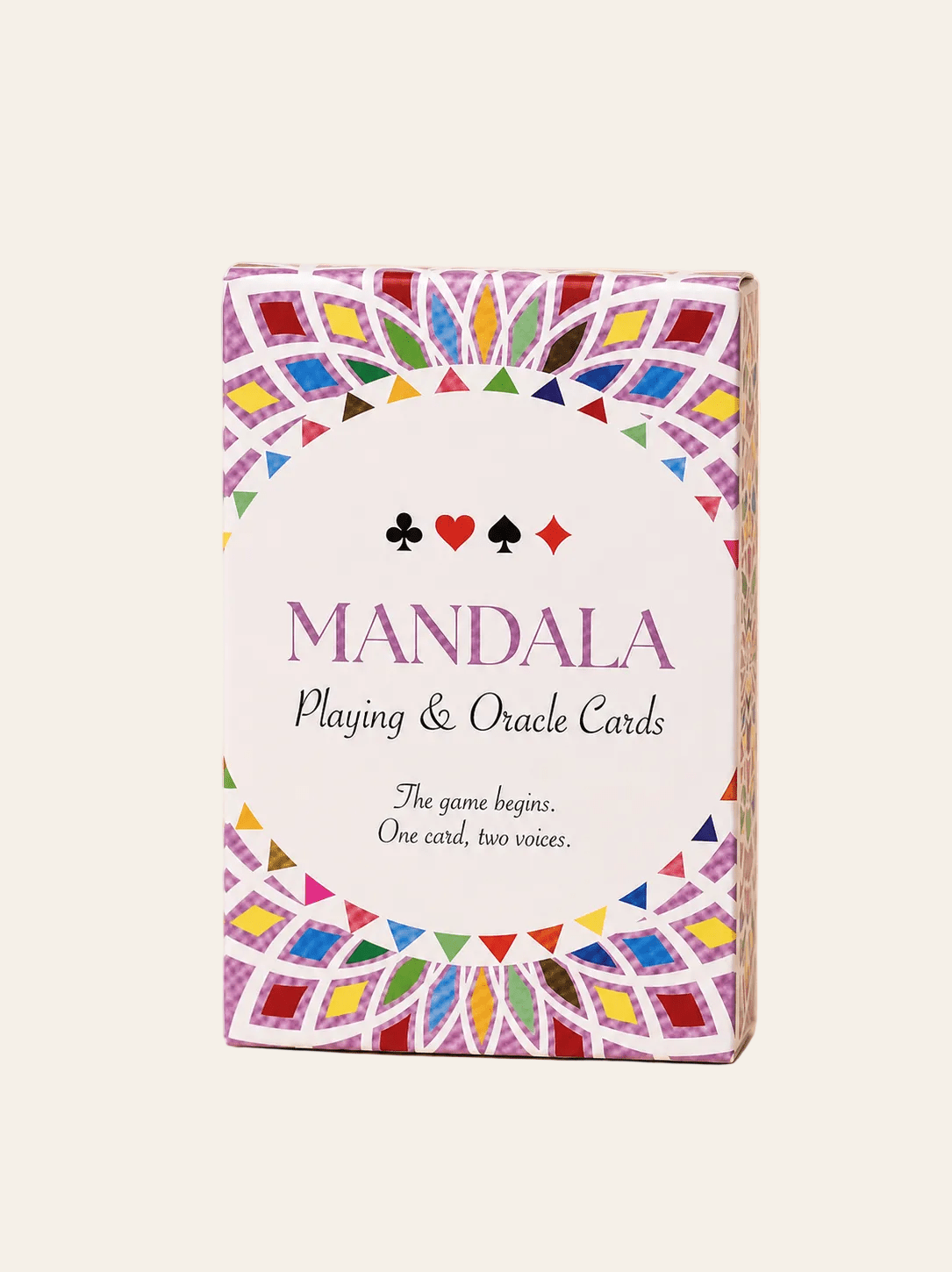 Mandala speel- en orakelkaarten – Kaleidoscope Symmetry op een licht beige achtergrond als productfoto