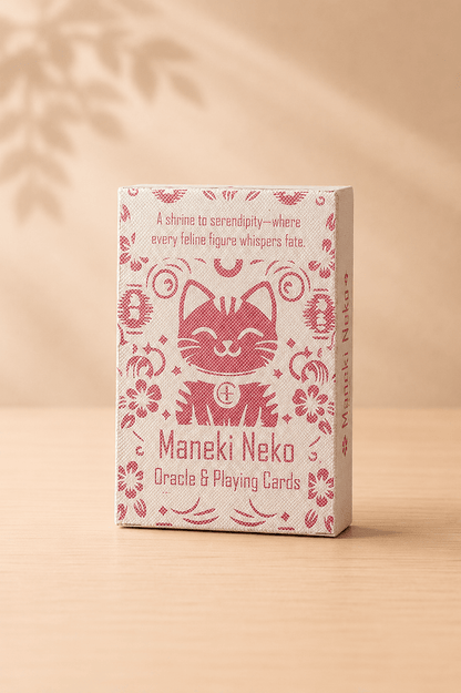 Maneki Neko gelukskaarten – 54 speel en orakelkaarten op een beige gebladerde achtergrond