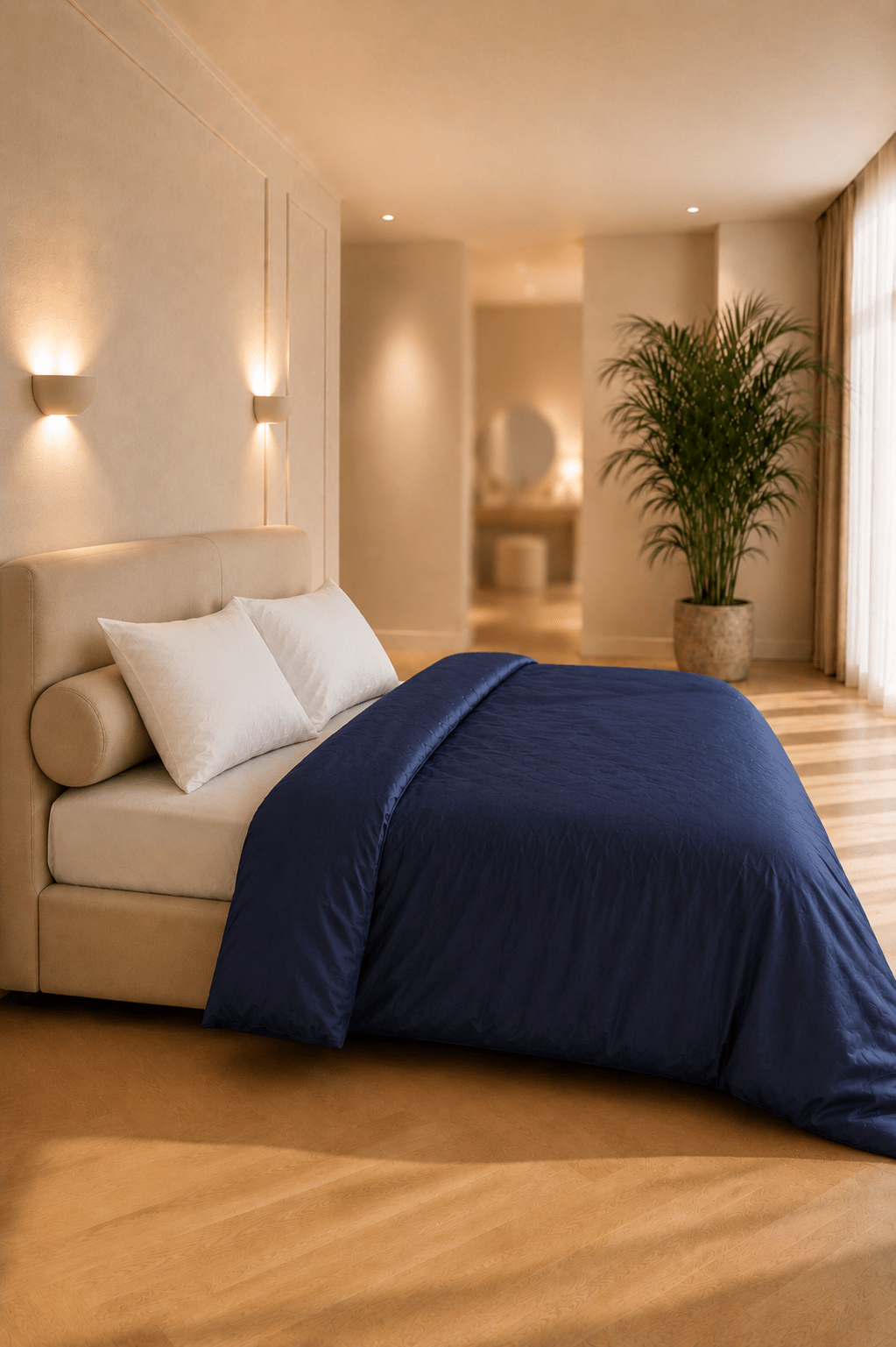 Marineblauw dekbedovertrek van linnen en katoen op een bed in een warme, minimalistische slaapkamer