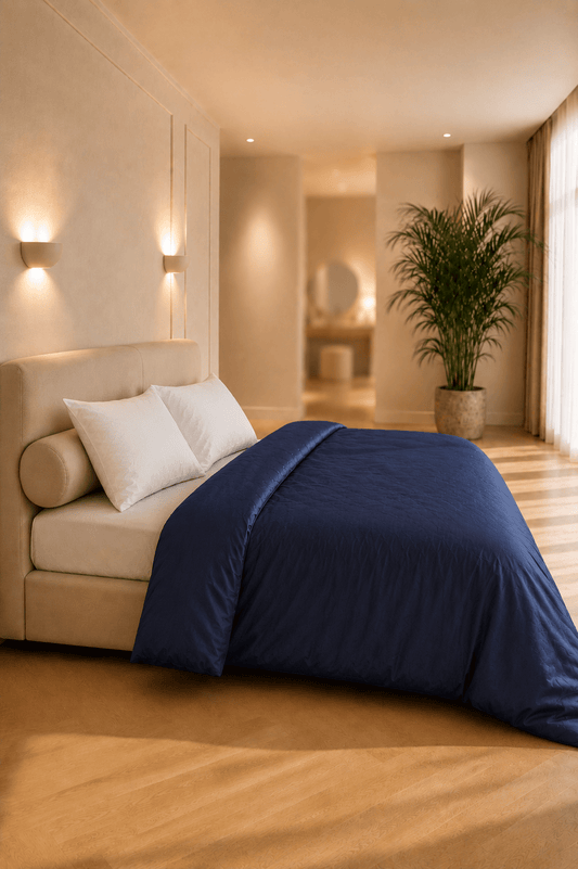 Marineblauw dekbedovertrek van linnen en katoen op een bed in een warme, minimalistische slaapkamer