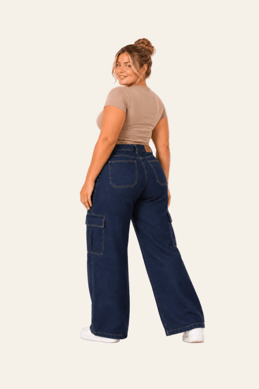 Tough women's cargo jeans with straight legs and cargo pockets