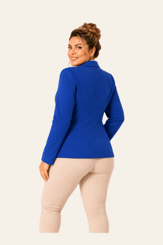 Achteraanzicht van marineblauwe damesblazer met lange mouwen.
