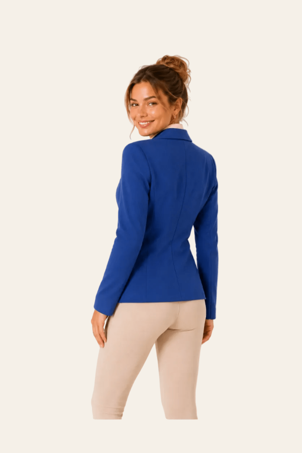 Marineblauwe damesblazer met één knoop en puntige revers