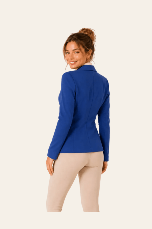 Achteraanzicht van Marineblauwe damesblazer met puntige revers