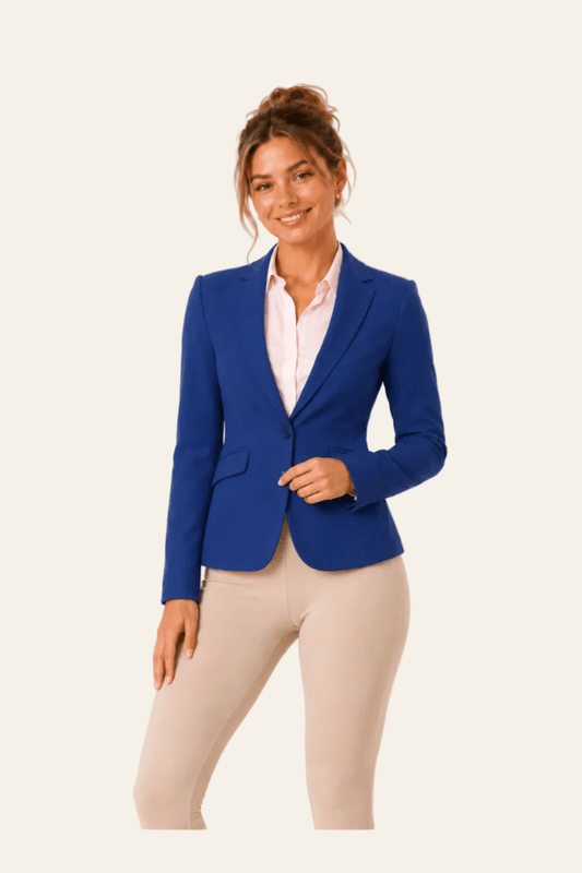 Vooraanzicht van Marineblauwe damesblazer met puntige revers