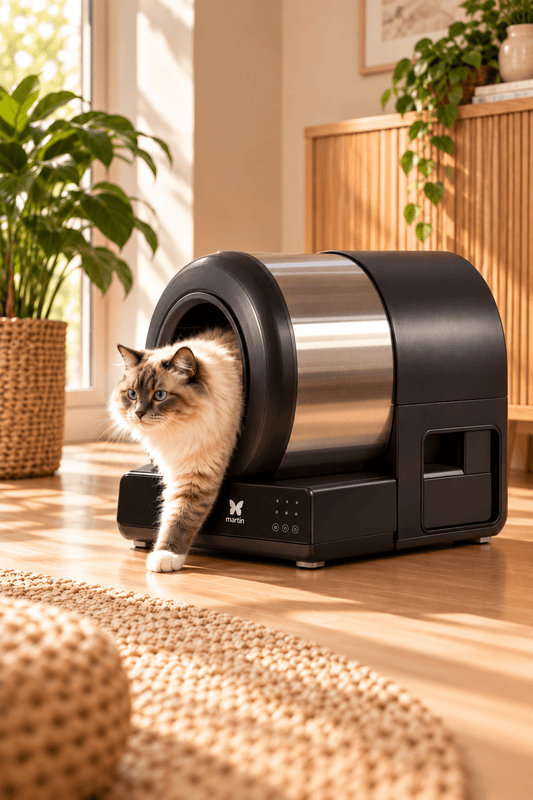 Langharige kat stapt uit een zwarte Martin automatische kattenbak met rvs trommel in een warme beige woonkamer met houten vloer.