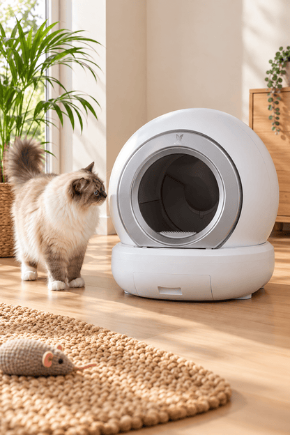 Langharige kat onderzoekt een witte Martin automatische kattenbak in een lichte beige woonkamer met houten vloer.