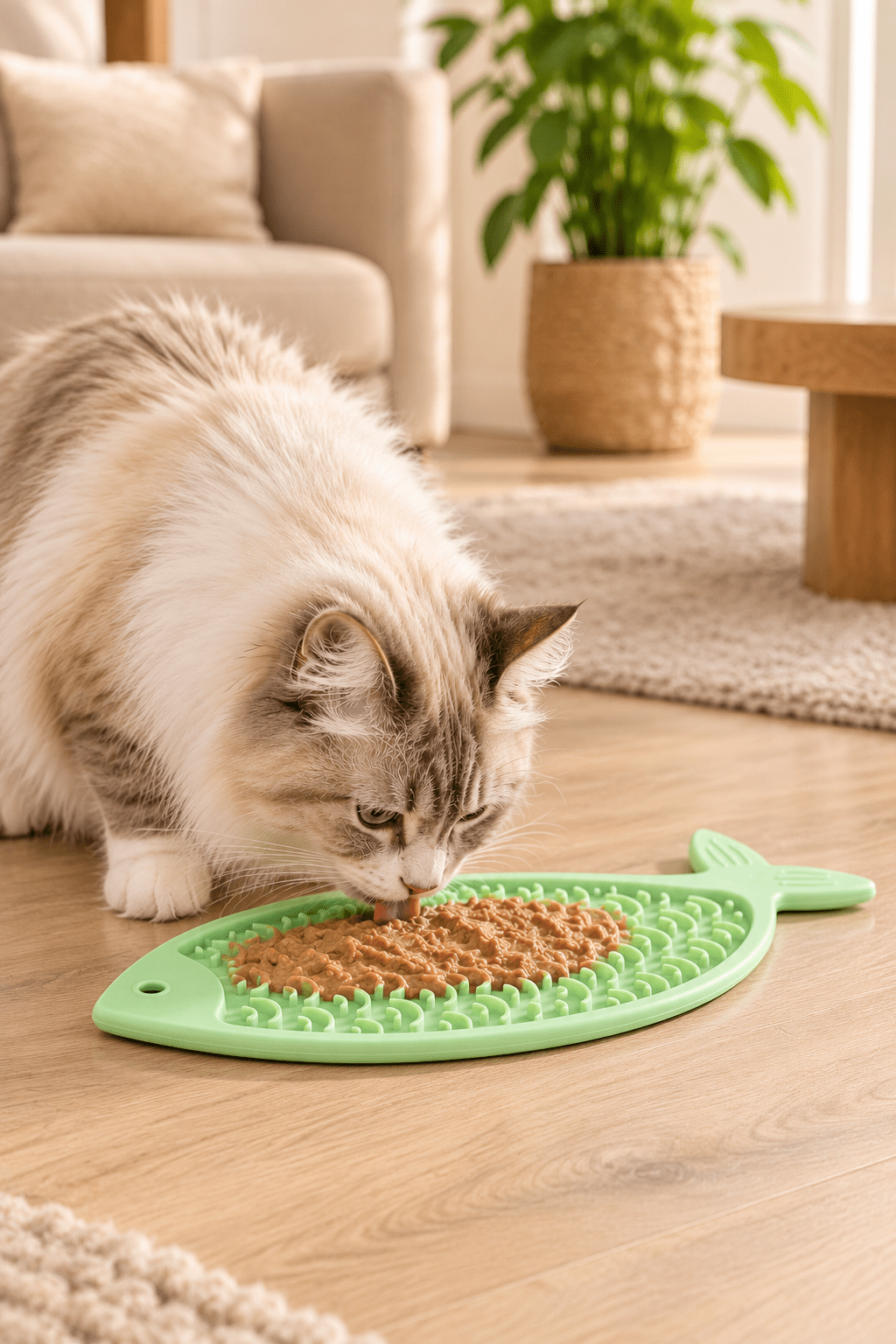 Langharige kat likt natvoer van de groene Martin siliconen likmat in visvorm op een lichte houten vloer in een stijlvolle beige woonkamer.