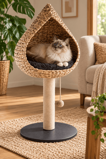 Langharige kat rust in een handgeweven waterhyacint kattenhuisje op een Martin krabpaal in een warme beige woonkamer.