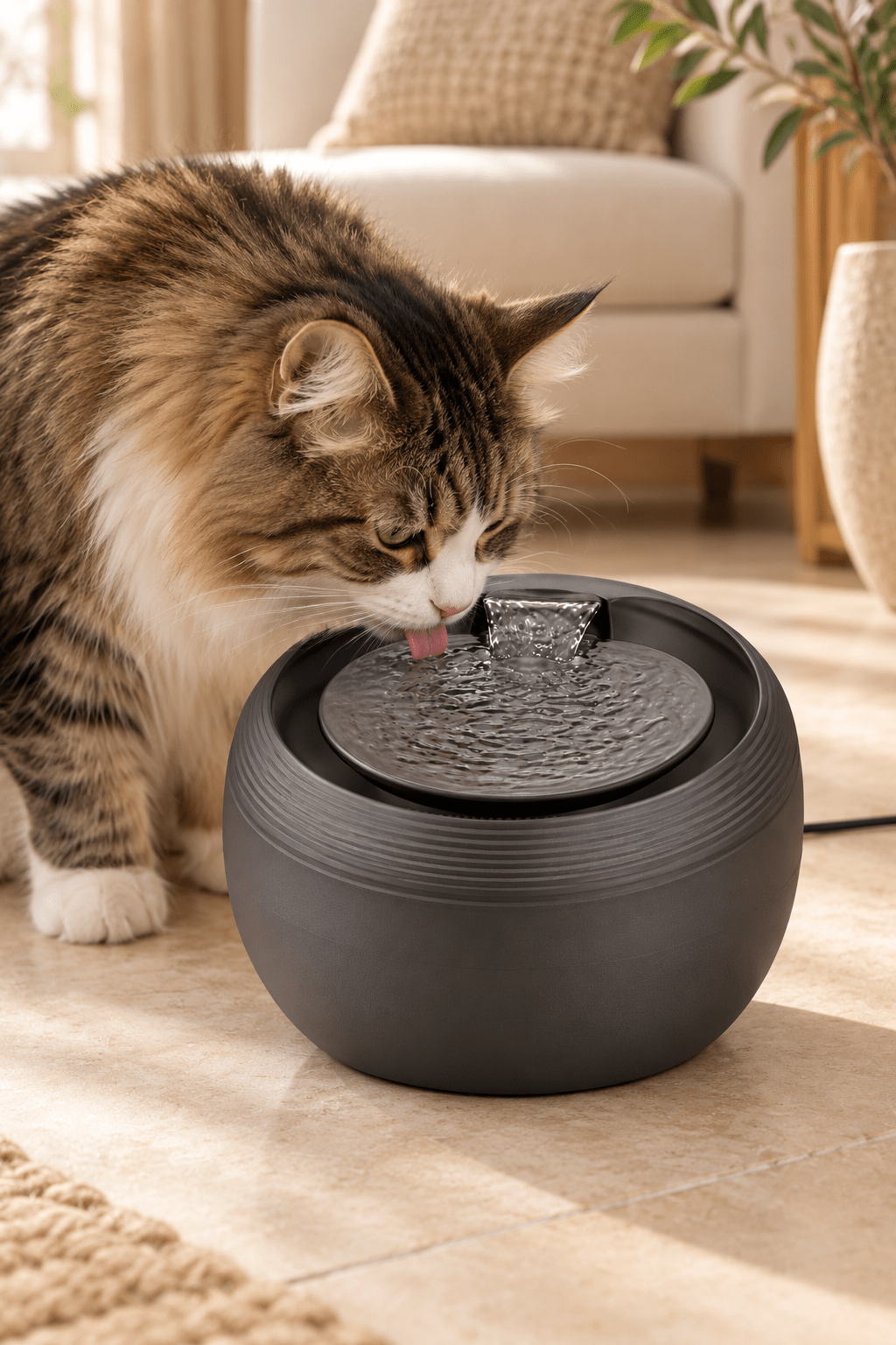 Martin zwarte drinkfontein 2,5 liter voor katten en kleine honden met verpakking van 3 extra vervangfilters op beige achtergrond