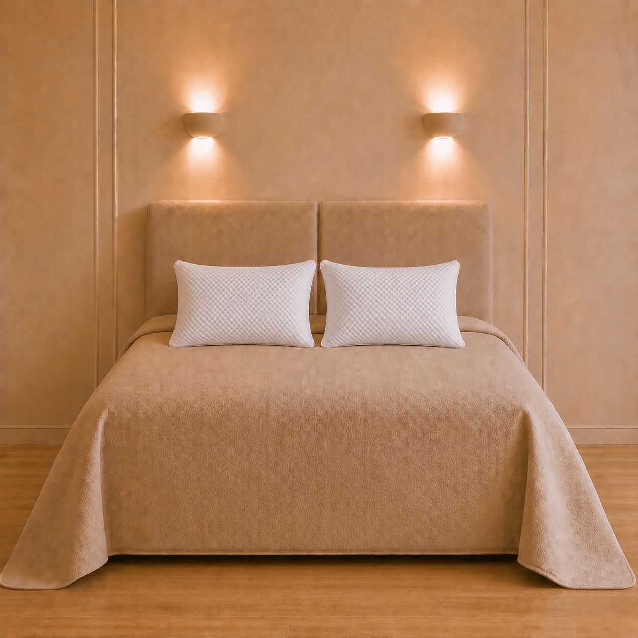Twee witte Matrix-hoofdkussens van 40 × 60 cm met stevige memoryfoamkern op een rustig opgemaakt bed