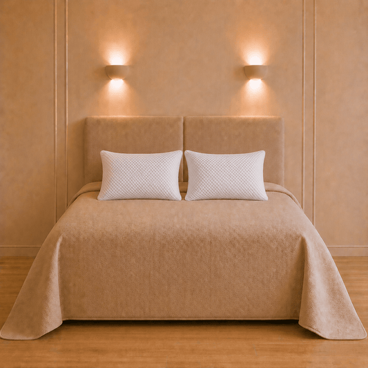 Twee witte Matrix-hoofdkussens van 40 × 60 cm met stevige memoryfoamkern op een rustig opgemaakt bed