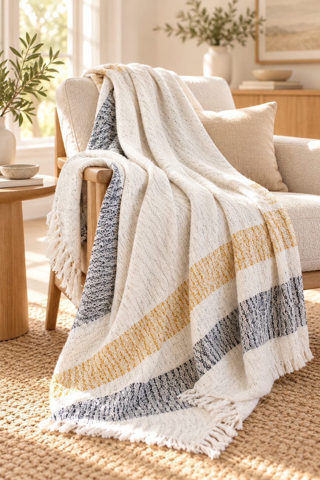 Mellow Mattala katoenen plaid in crème met gouden en diepgrijze strepen, gedrapeerd over een fauteuil in een lichte beige woonkamer.