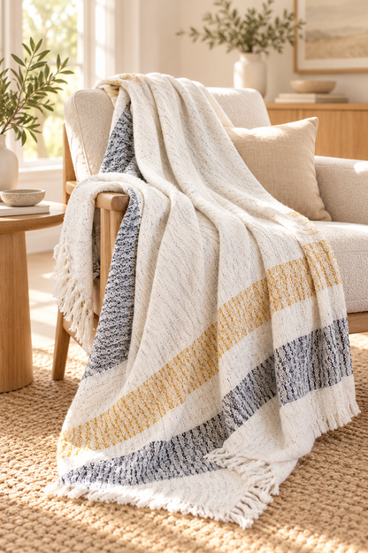 Mellow Mattala katoenen plaid in crème met gouden en diepgrijze strepen, gedrapeerd over een fauteuil in een lichte beige woonkamer.