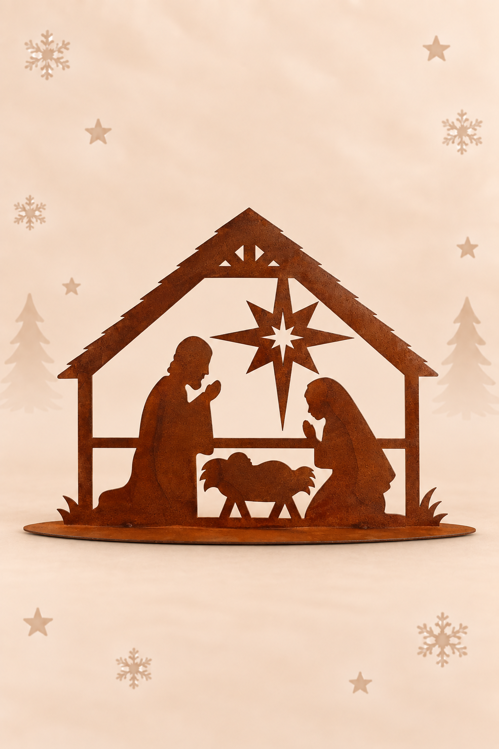 Metalen kerststal met roestpatina van 35 x 28 cm met Maria, Jozef, kindje Jezus en kerstster van Rostikal