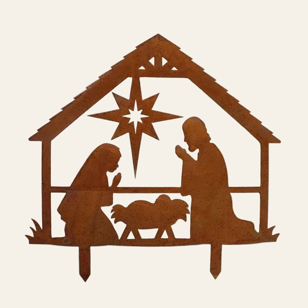 Metalen kerststal met roestpatina 35 x 28 cm met grondpinnen als productfoto