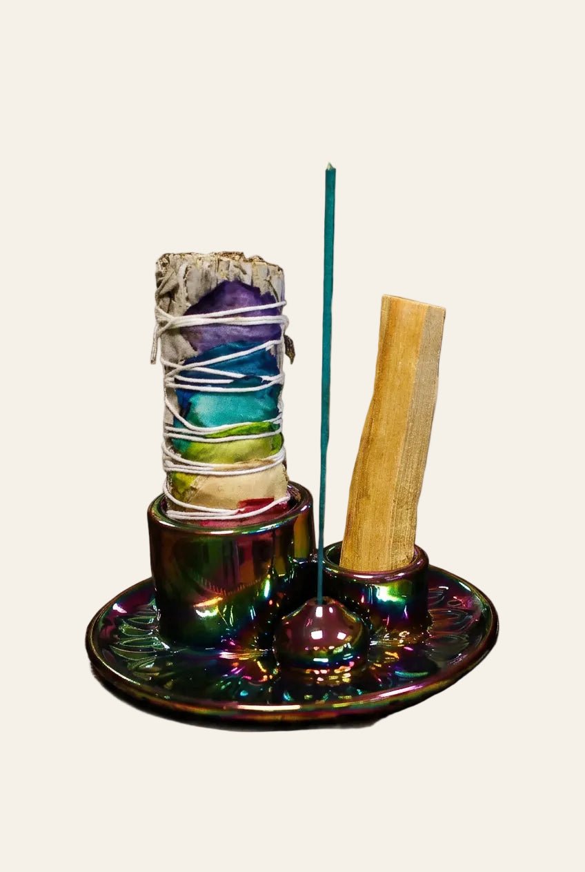 Ronde metallic regenboog smudgehouder van keramiek met grote en kleine houder en opening voor wierookstokje
