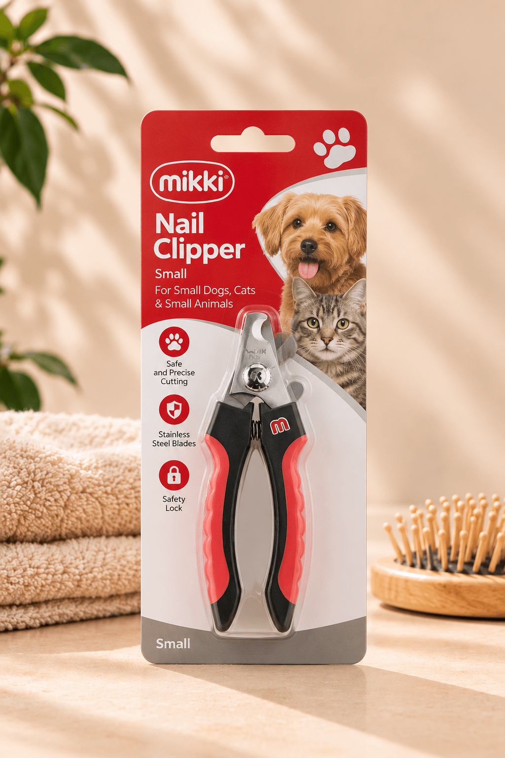 Mikki nagelschaar small in rood-witte verpakking op lichtbeige ondergrond, naast zachte handdoeken en een houten hondenborstel.