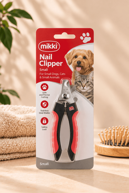 Mikki nagelschaar small in rood-witte verpakking op lichtbeige ondergrond, naast zachte handdoeken en een houten hondenborstel.