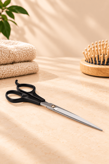 Mikki Classic vachtschaar Large met zwarte ergonomische handgrepen en lange zilverkleurige bladen, plat op beige ondergrond.