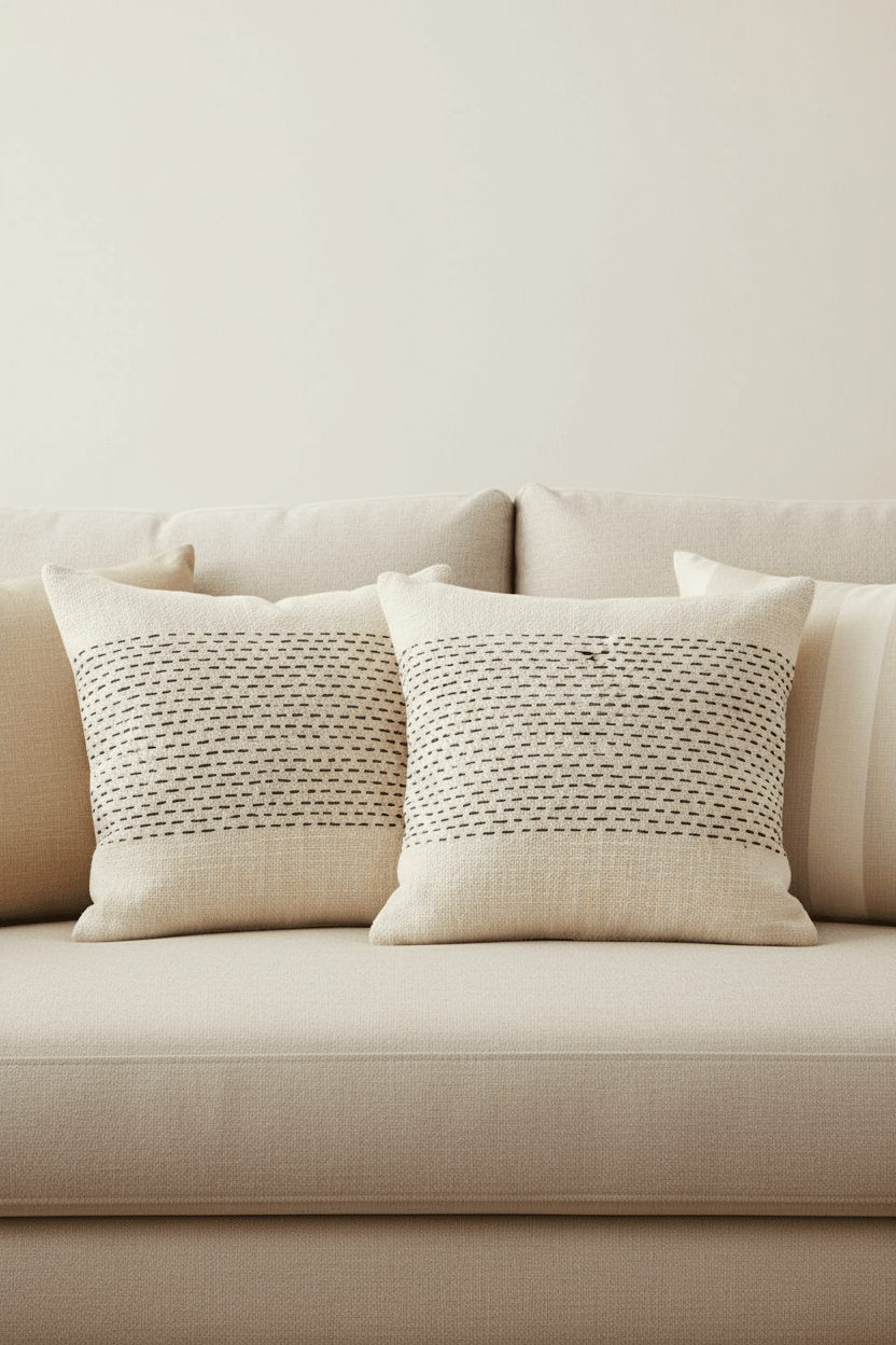 Misty kussenhoes in naturelkleur met zwartkleurig geweven patroon 50 × 50 cm, in een verzorgde woonsetting met zichtbare textuur en vorm.