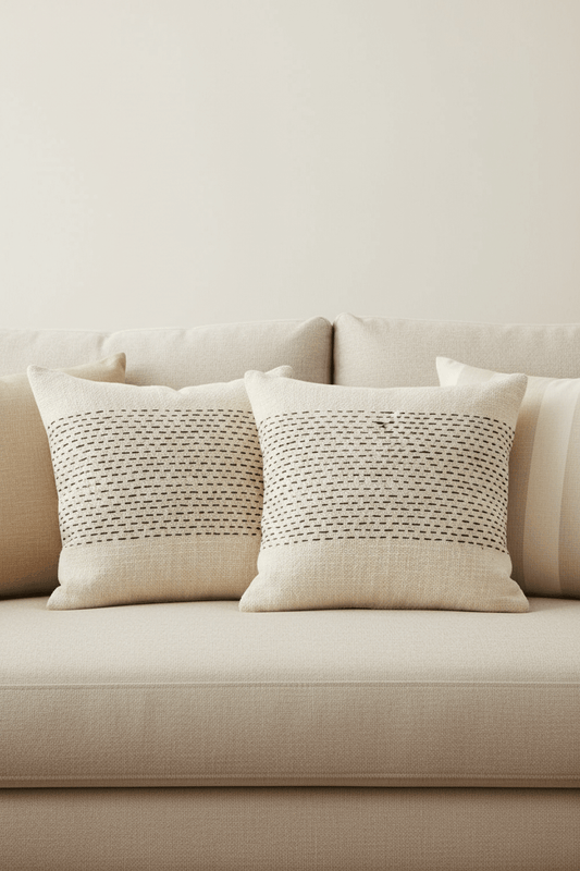 Misty kussenhoes in naturelkleur met zwartkleurig geweven patroon 50 × 50 cm, in een verzorgde woonsetting met zichtbare textuur en vorm.