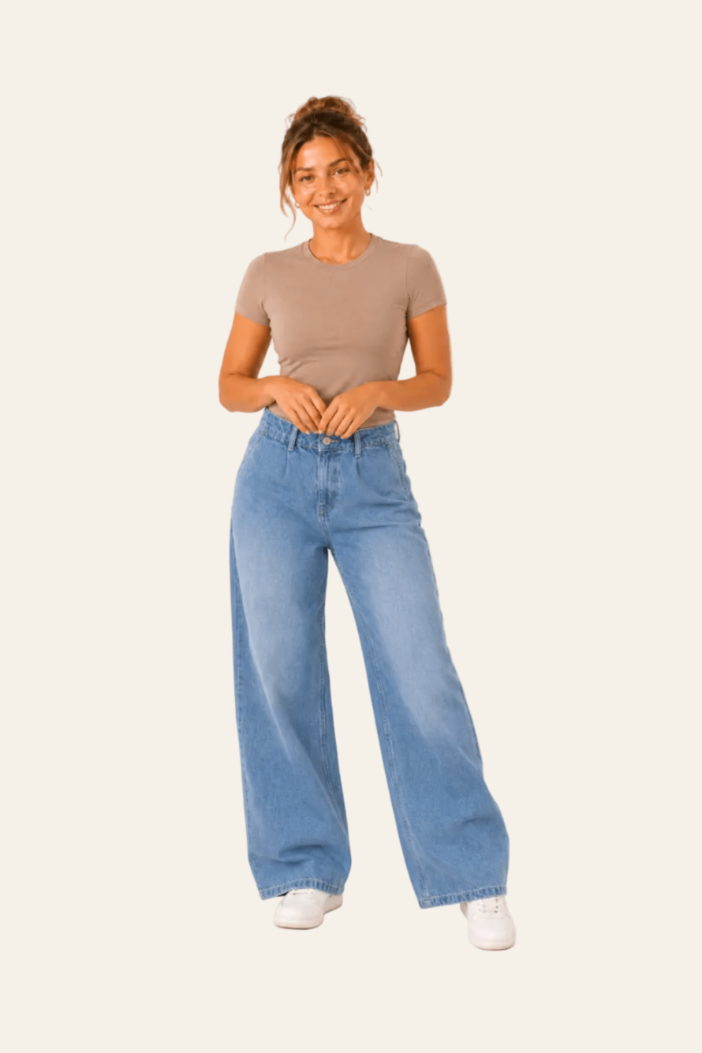 Mom fit damesjeans met plooidetail en wijde pijpen