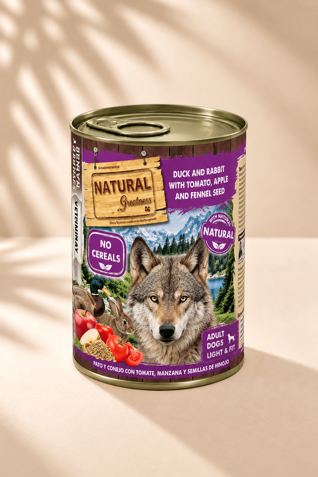 Natural Greatness Eend & Konijn natvoer 400 g, paars blik met wolf, eend, konijn, appel, tomaat en venkelzaad.